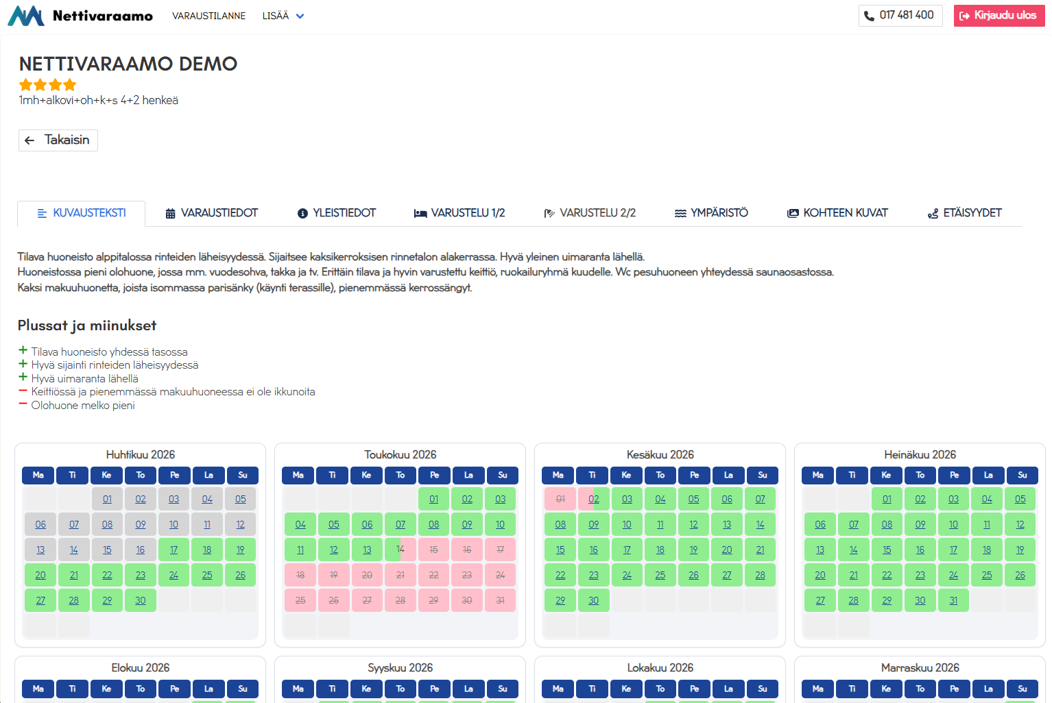 Kohteen kuvausteksti- ja varaustiedot samassa näkymässä.